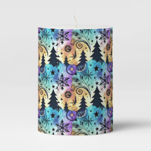 Colorful watercolor winter scene pillar candle