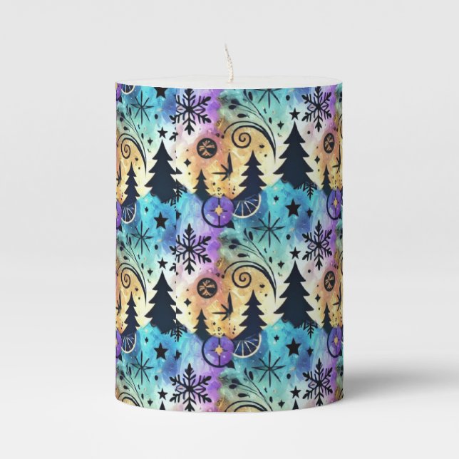 Colorful watercolor winter scene  pillar candle (Front)
