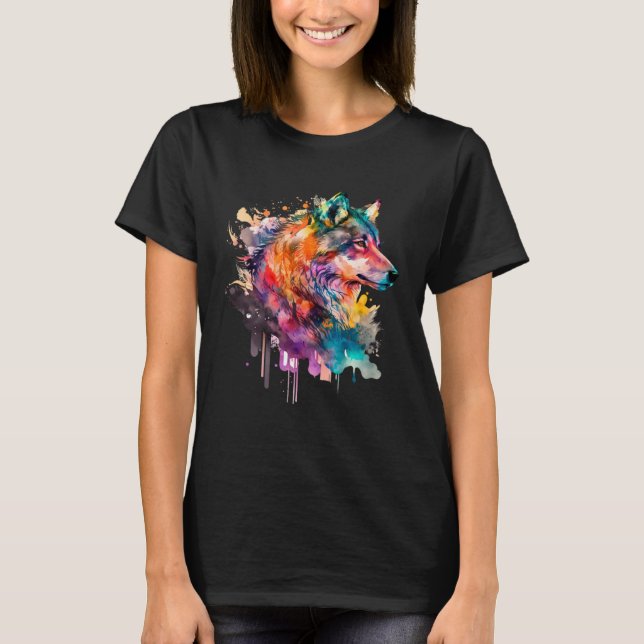 Colorful Watercolor Wolf Animal Graphic Wolf T-Shirt (Front)