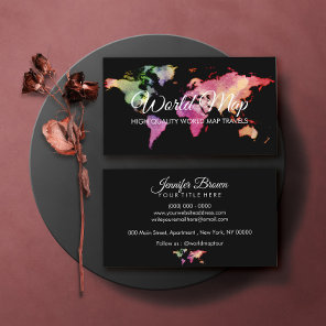 Colorful Watercolor World Map with Handwritten Business Card