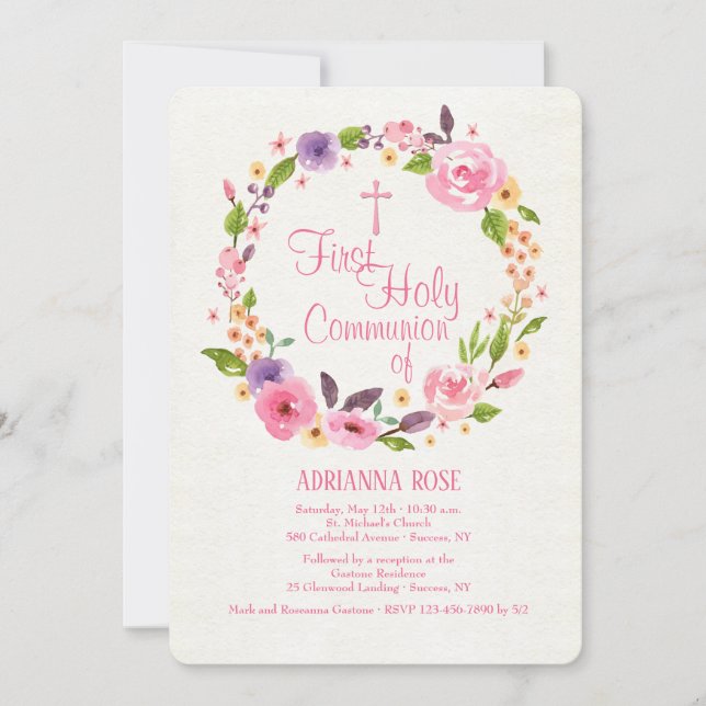Colorful Watercolor Wreath Religious Invitation (Front)