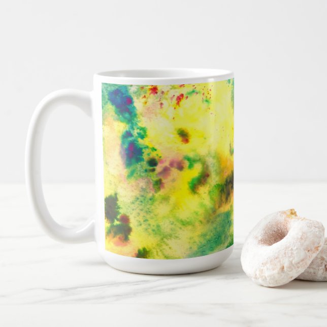 Colorful Watercolor Yellow Green Abstract Art Coffee Mug (With Donut)
