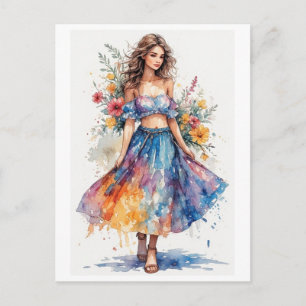 Colorful Watercolor Young Lady Design on a Holiday Postcard