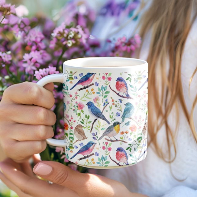 Colorful watercolors birds and flowers pattern coffee mug (Creator Uploaded)