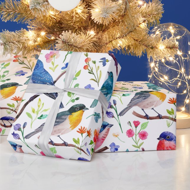 Colorful watercolors birds and flowers pattern wrapping paper (Holidays)