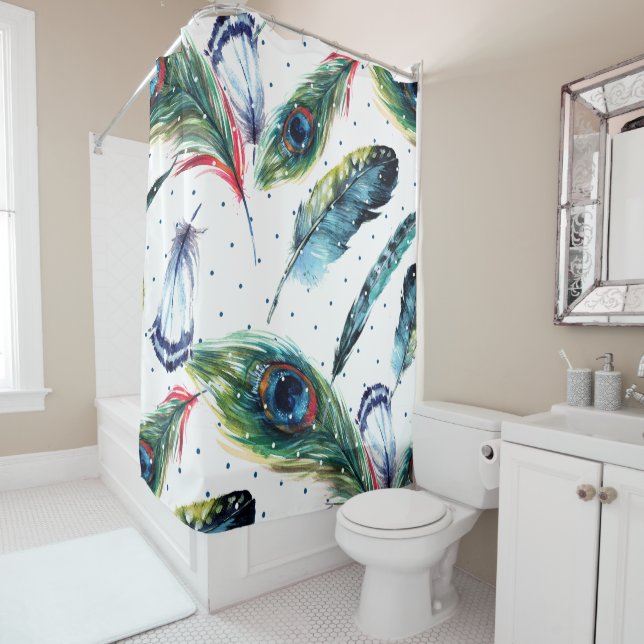 Colorful Watercolors Boho Feathers Illustration Shower Curtain (In Situ)