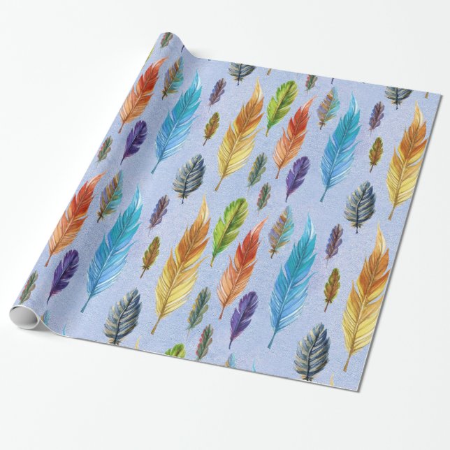 Colorful Watercolors Boho Feathers Pattern Wrapping Paper (Unrolled)