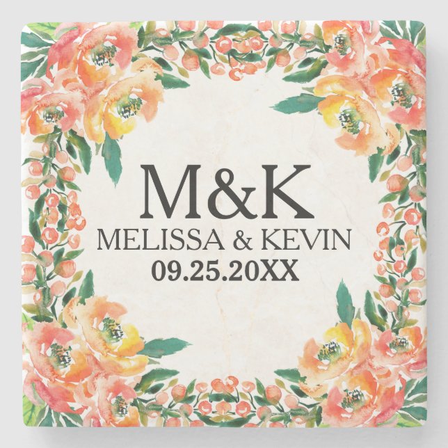 Colorful Watercolors Floral Frame Stone Coaster (Front)