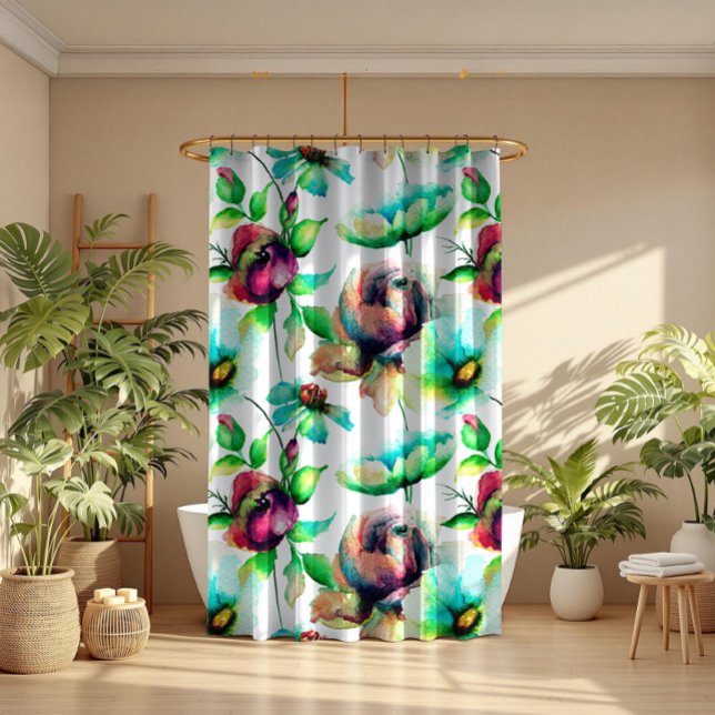 Colorful Watercolors Floral Seamless Pattern Shower Curtain (Creator Uploaded)