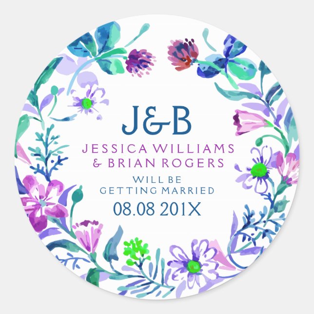 Colorful Watercolors Floral Wreath Classic Round Sticker (Front)