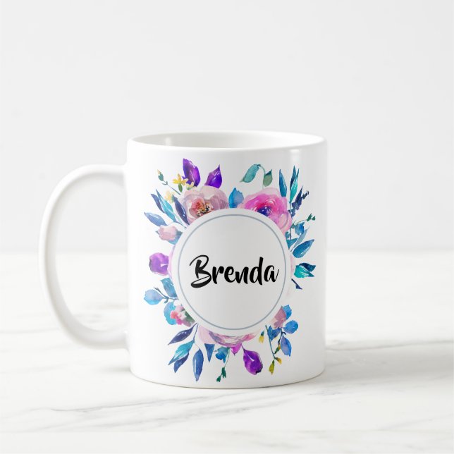 Colorful Watercolors Flowers Bouquet With Monogram Coffee Mug (Left)