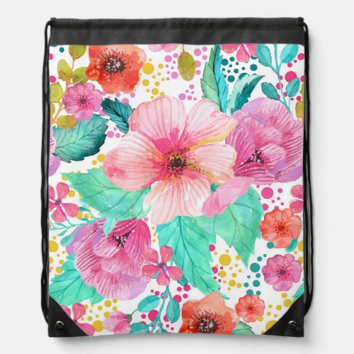 Colorful Watercolors Flowers Collage Drawstring Bag