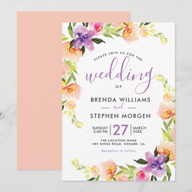 Colorful watercolors flowers frame invitation (Front/Back)