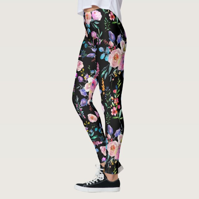 Colorful Watercolors Flowers Patternl Leggings (Left)