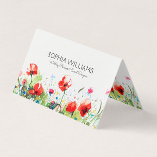 Colorful Watercolors Flowers & Red Poppies Business Card