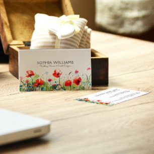 Colorful Watercolors Flowers & Red Poppies Business Card