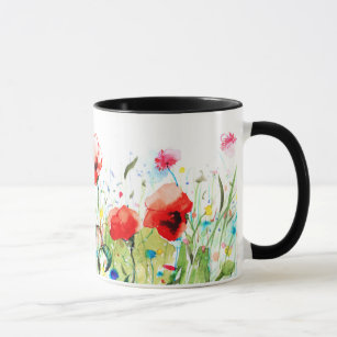 Colorful Watercolors Flowers & Red Poppies Mug