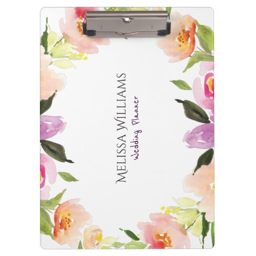 Colorful Watercolors Flowers Wedding Wreath Clipboard