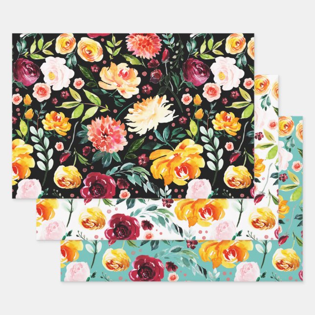 Colorful watercolors garden flowers pattern wrapping paper sheets (Set)