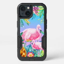 Colorful Watercolors Tropical Flowers &amp; Flamingos iPhone 13 Case