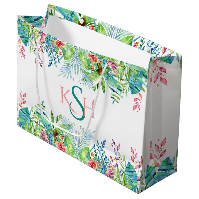 Colorful Watercolors Tropical Flowers & Leafs Large Gift Bag (Front Angled)