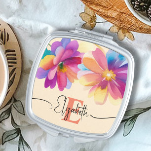 Colorful Watercolour flower monogrammed Compact Mirror