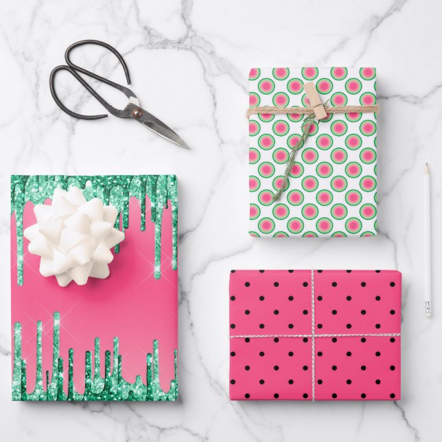 Colorful Watermelon Pink Green Black Wrapping Paper Sheets (Front)