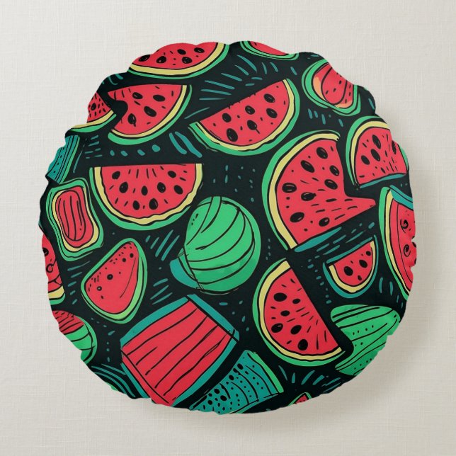 Colorful Watermelon Slice Seamless Pattern Round Pillow (Front)