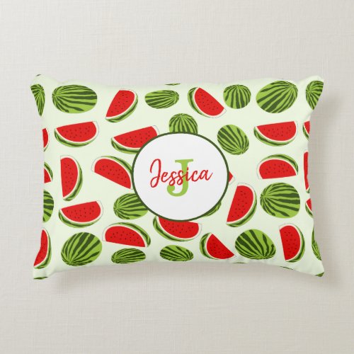 Colorful Watermelon Summer Fruit Pattern Monogram Accent Pillow