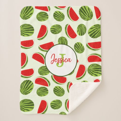 Colorful Watermelon Summer Fruit Pattern Monogram Sherpa Blanket