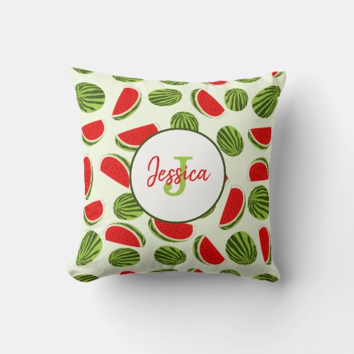 Colorful Watermelon Summer Fruit Pattern Monogram Throw Pillow