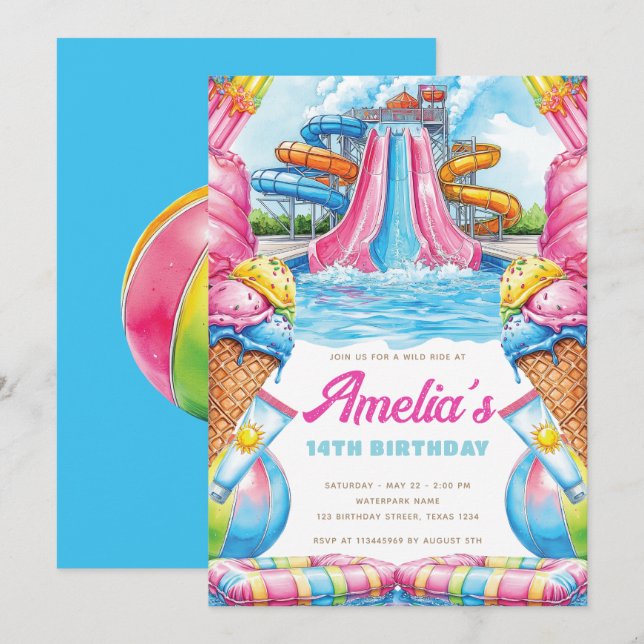 Colorful Waterpark Birthday Invitation (Front/Back)