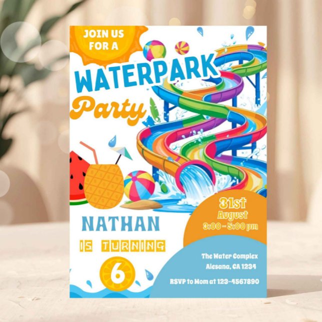 Colorful Waterpark Birthday Invitation (waterpark birthday invitation, pool party invite, summer birthday invitation, splash party invite, w)