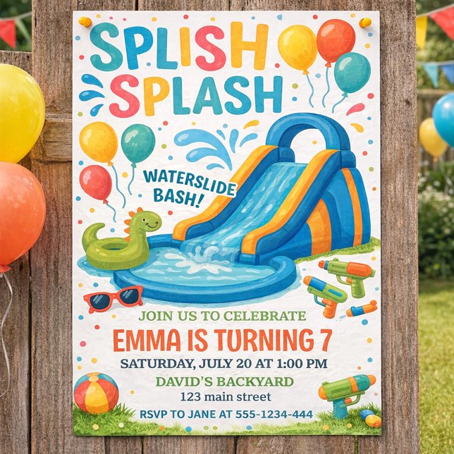 Colorful Waterslide Splash Birthday Party Design Invitation (Splash Splash Birthday Invitation Water Slide Pool Party for Kids)