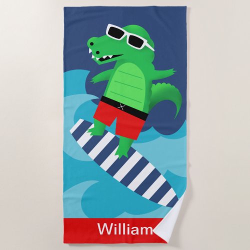Colorful Wave Riding Surfing Alligator Beach Towel