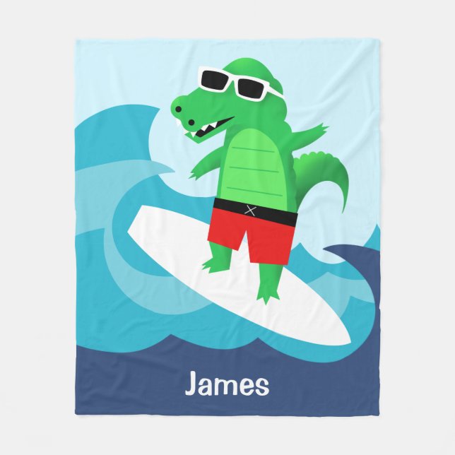 Colorful Wave Riding Surfing Alligator Throw Fleece Blanket (Front)