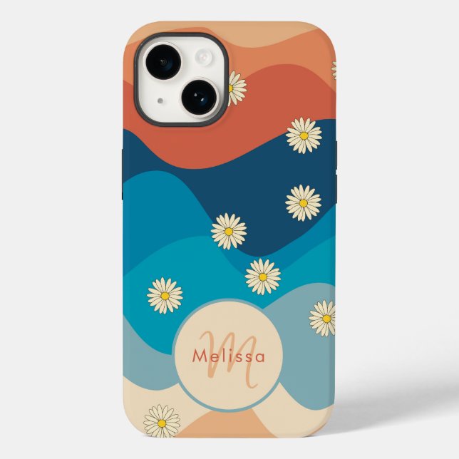 Colorful Waves & Daisies Pattern Monogram Case-Mate iPhone Case (Back)