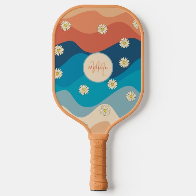 Colorful Waves & Daisies Pattern Monogram Pickleball Paddle (Front)