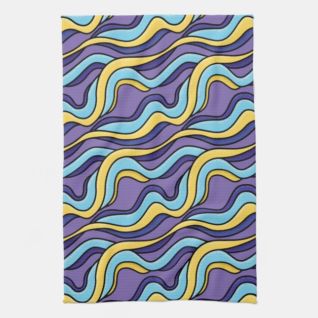 Colorful Waves Pattern Funky Retro Modern Abstract Kitchen Towel (Vertical)
