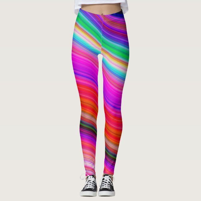 Colorful Waves Rainbow Colors Pattern Leggings (Front)