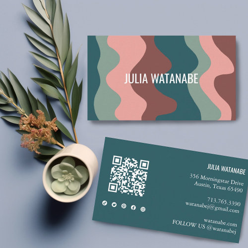 Colorful Waves Stripes QR Code Social Media Chic Business Card