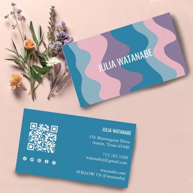 Colorful Waves Stripes QR Code Social Media Chic  Business Card (Blue, pink, purple waves decorate this custom card. Add your details, edit social icons & QR code)