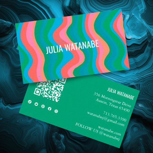 Colorful Waves Stripes QR Code Social Media Chic  Business Card