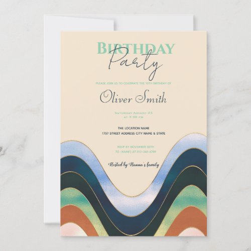 Colorful Wavy Lines Metallic Beige Illustration Invitation