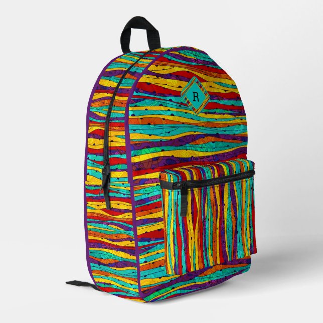 Colorful wavy stripes pattern monogram printed backpack (Back Corner Left)
