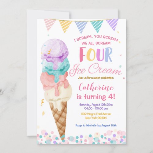 Colorful We Scream Four Ice Cream Fourth Birthday Invitation