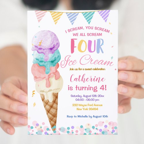 Colorful We Scream Four Ice Cream Fourth Birthday Invitation