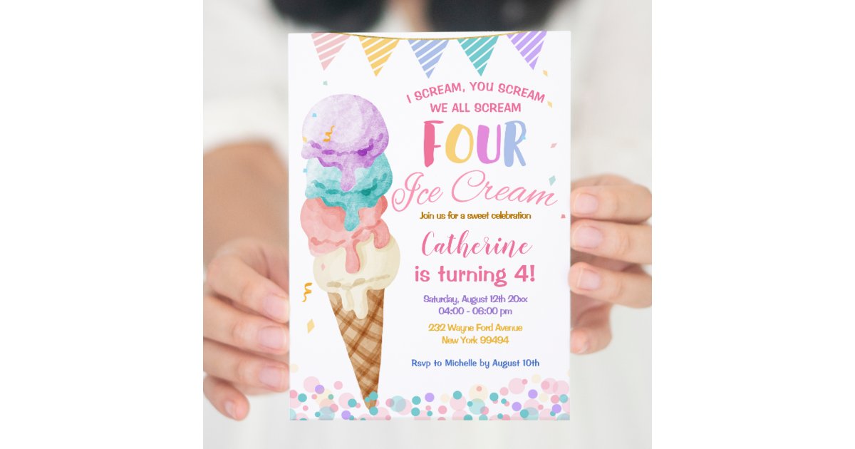 Colorful We Scream Four Ice Cream Fourth Birthday Invitation