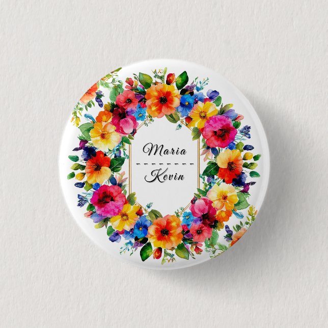 Colorful Wedding Floral Wreath Button (Front)