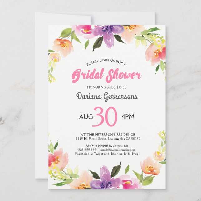Colorful Wedding Floral Wreath Invitation (Front)